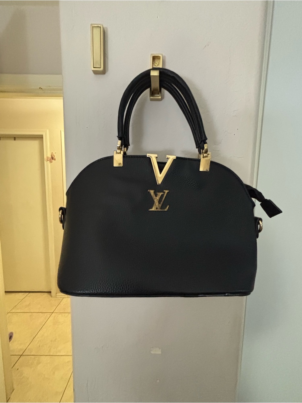 Good condition Black Leather Dome Top-Handle Satchel with Gold Hardware